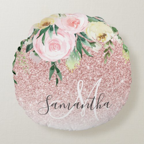Modern Pink Glitter  Flowers Sparkle With Name Round Pillow