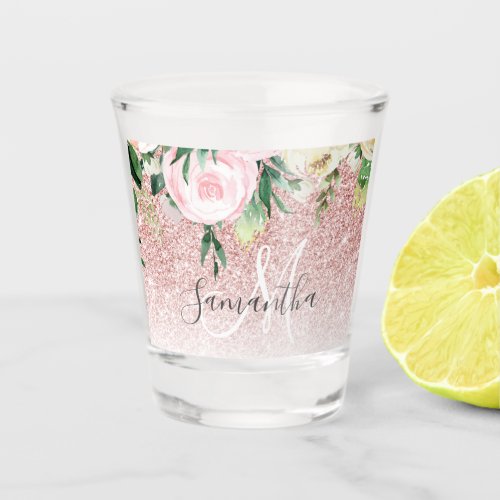 Modern Pink Glitter  Flowers Sparkle With Name Shot Glass