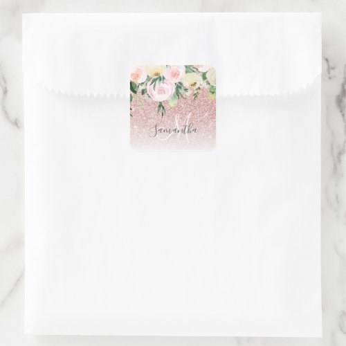 Modern Pink Glitter  Flowers Sparkle With Name Square Sticker