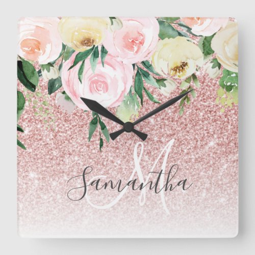 Modern Pink Glitter  Flowers Sparkle With Name Square Wall Clock