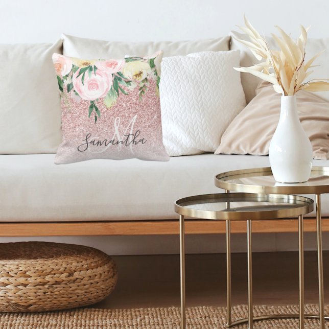 Modern Pink Glitter & Flowers Sparkle With Name Throw Pillow (Creator Uploaded)