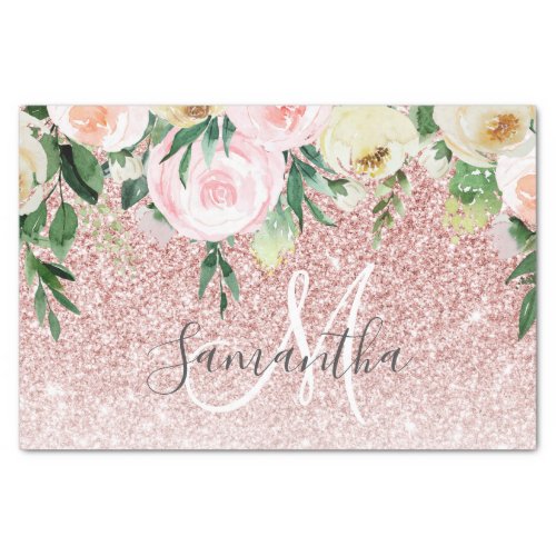 Modern Pink Glitter  Flowers Sparkle With Name Tissue Paper