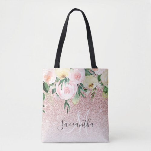 Modern Pink Glitter  Flowers Sparkle With Name Tote Bag