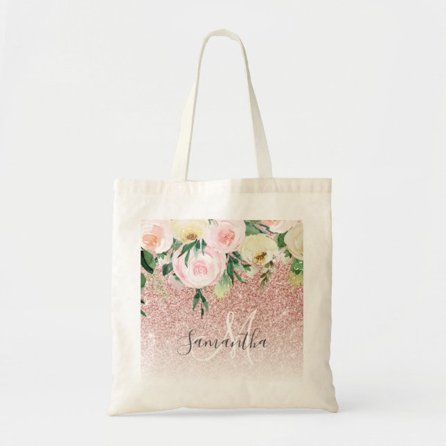 Modern Pink Glitter & Flowers Sparkle With Name Tote Bag (Front)