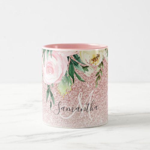 Modern Pink Glitter  Flowers Sparkle With Name Two_Tone Coffee Mug