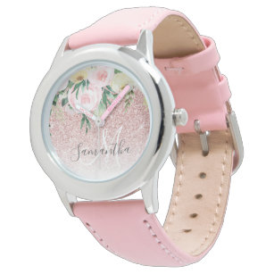 Modern Pink Glitter & Flowers Sparkle With Name Watch