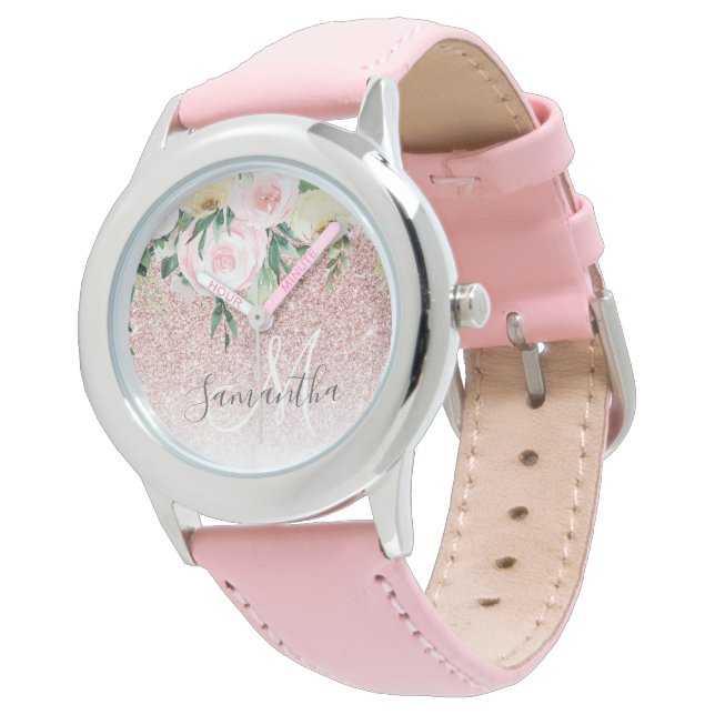 Modern Pink Glitter & Flowers Sparkle With Name Watch (Angled)