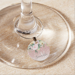 Modern Pink Glitter &amp; Flowers Sparkle With Name Wine Charm