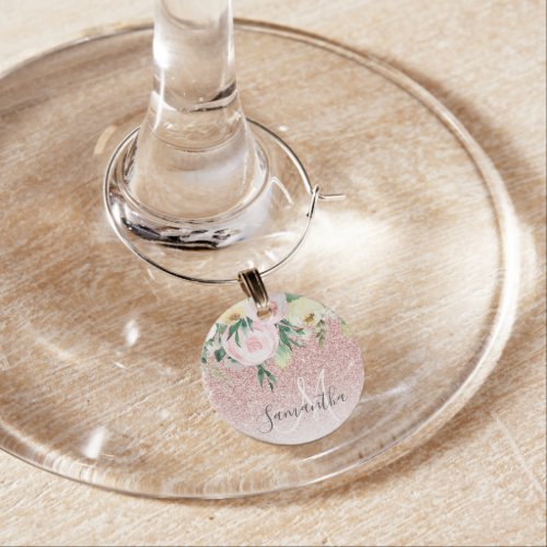 Modern Pink Glitter  Flowers Sparkle With Name Wine Charm