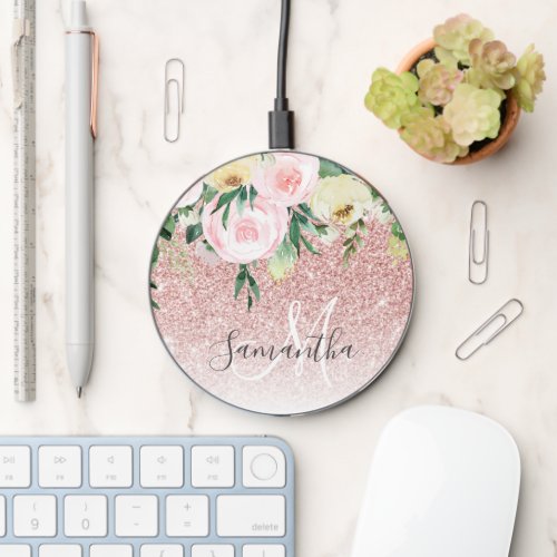 Modern Pink Glitter  Flowers Sparkle With Name  Wireless Charger