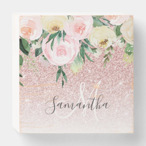 Modern Pink Glitter  Flowers Sparkle With Name Wooden Box Sign