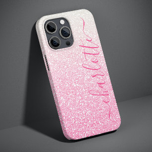 Modern Pink Glitter Girly Chic Personalized Name Case-Mate iPhone 14 Case