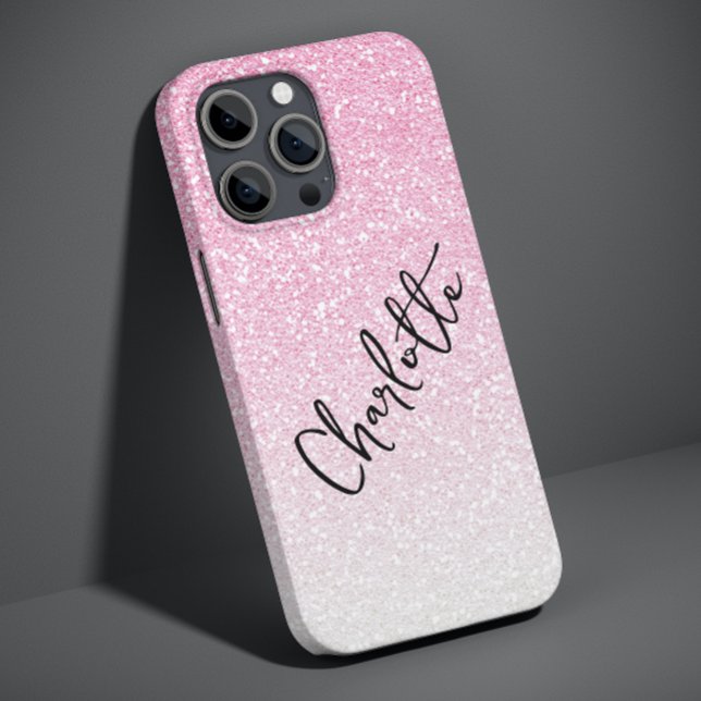 Modern Pink Glitter Girly Chic Personalized Name Case-Mate iPhone Case (Creator Uploaded)