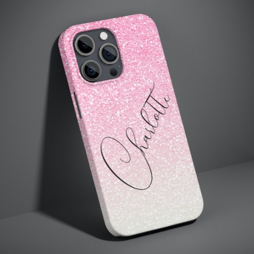 Modern Pink Glitter Girly Chic Personalized Name Case_Mate iPhone 14 Pro Max Case