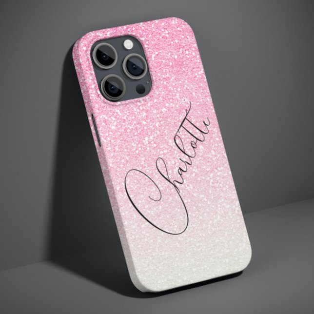 Modern Pink Glitter Girly Chic Personalized Name Case-Mate iPhone Case (Creator Uploaded)