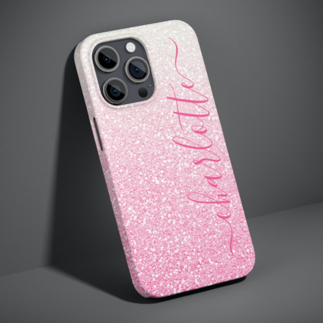 Modern Pink Glitter Girly Chic Personalized Name Case-Mate iPhone Case (Creator Uploaded)