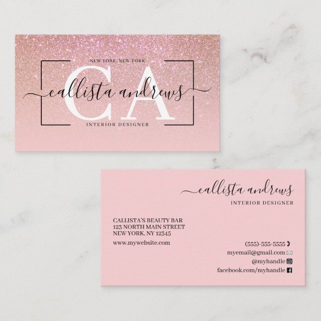 Modern Pink Glitter Gradient Signature Script Business Card (Front/Back)