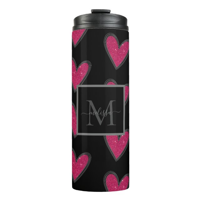 Modern Pink Glitter Hearts Monogram Name  Thermal Tumbler (Front)