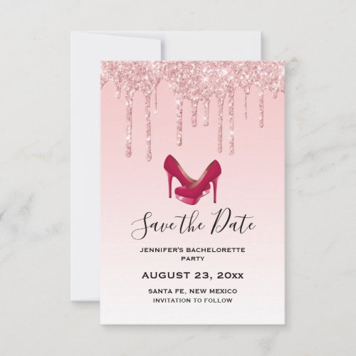 Modern Pink Glitter High Heels Bachelorette Save The Date