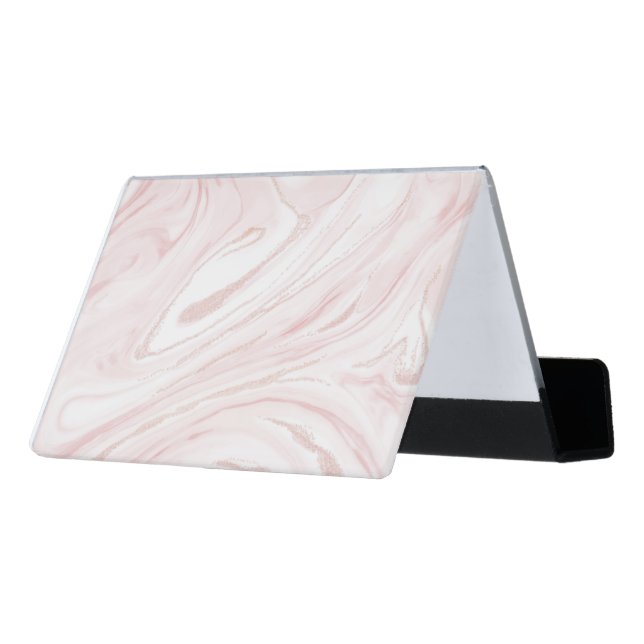 Modern Pink Glitter Marble Desk Business Card Holder (Angled Back)