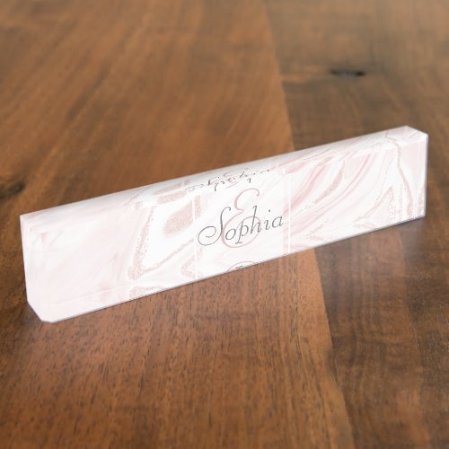 Modern Pink Glitter Marble Desk Name Plate