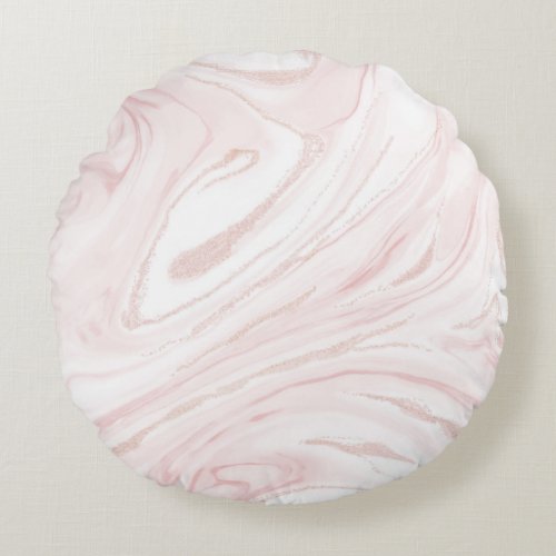 Modern Pink Glitter Marble Round Pillow