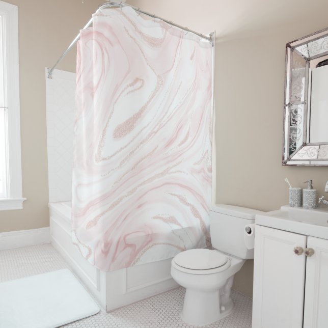 Modern Pink Glitter Marble Shower Curtain (In Situ)