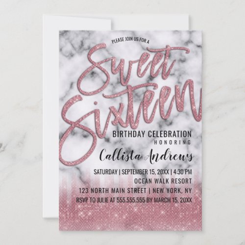 Modern Pink Glitter Marble Typography Sweet 16 Invitation