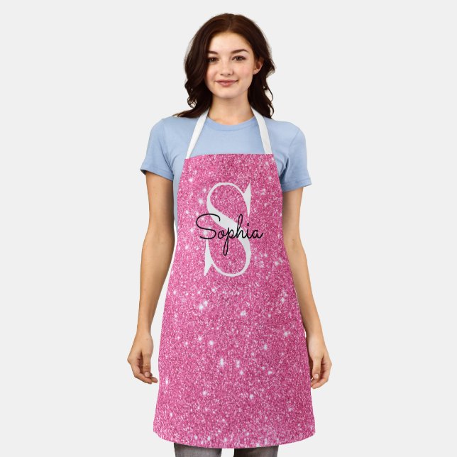 Modern Pink Glitter Monogram Personalized Name Apron (Worn)