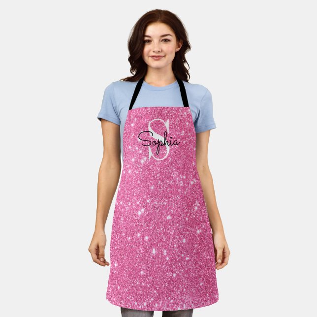 Modern Pink Glitter Monogram Personalized Name Apron (Worn)