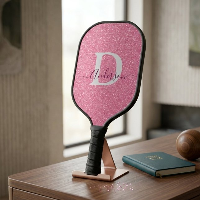 Modern Pink Glitter Monogram Personalized Name Carbon Fiber Pickleball Paddle (Creator Uploaded)