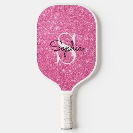 Modern Pink Glitter Monogram Personalized Name Pickleball Paddle