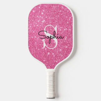 Modern Pink Glitter Monogram Personalized Name Pickleball Paddle