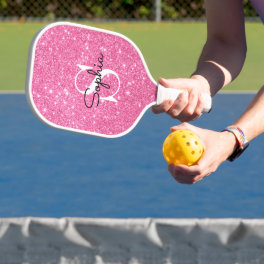 Modern Pink Glitter Monogram Personalized Name Pickleball Paddle