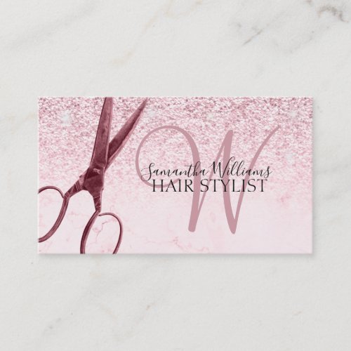 Modern Pink Glitter Monogram Scissor Hair Stylist  Business Card