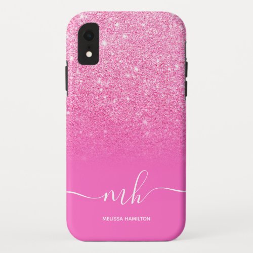 Modern pink glitter ombre chic elegant monogrammed iPhone XR case