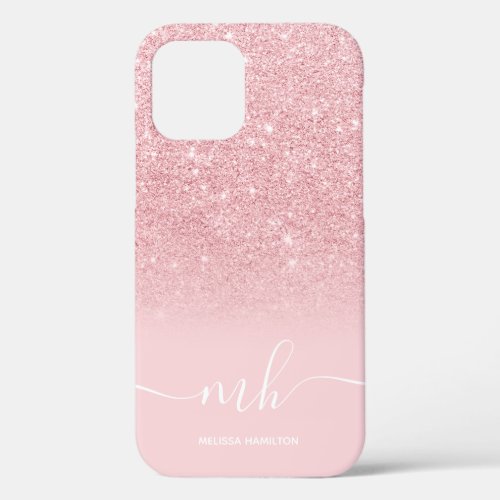 Modern pink glitter ombre  elegant monogrammed iPhone 12 pro case