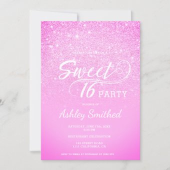 Modern pink glitter ombre glam Sweet 16 Invitation | Zazzle