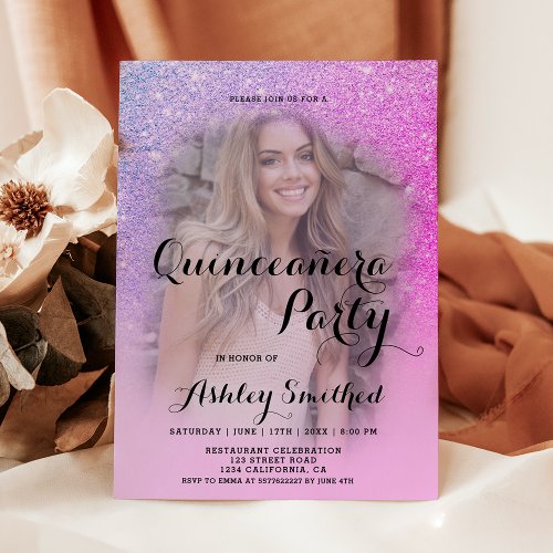 Modern pink glitter ombre photo Quinceaera Invitation