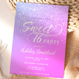 Modern pink glitter ombre purple Sweet 16 Invitation
