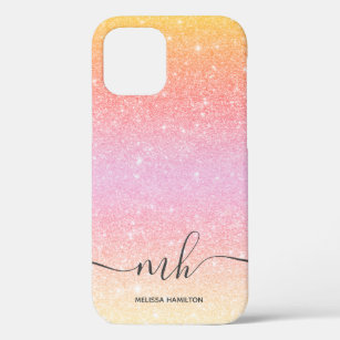 Modern pink glitter ombre yellow chic monogrammed iPhone 12 pro case