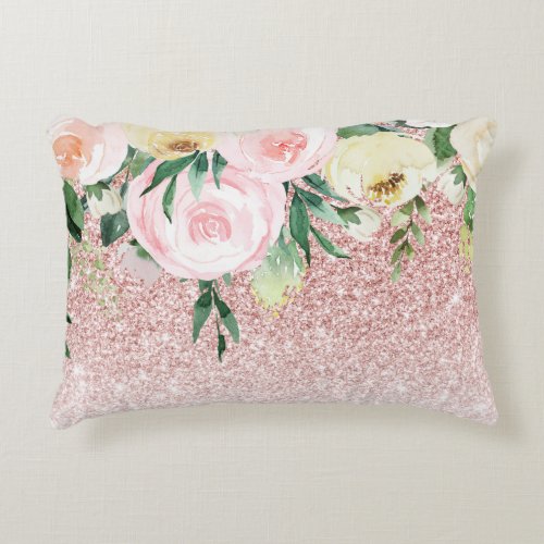 Modern Pink Glitter  Pastel Flowers Sparkle Gift Accent Pillow