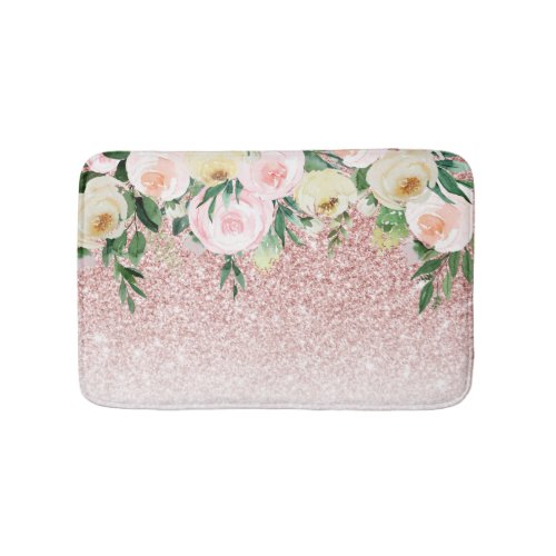 Modern Pink Glitter  Pastel Flowers Sparkle Gift Bath Mat