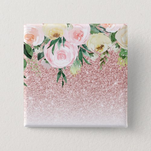 Modern Pink Glitter  Pastel Flowers Sparkle Gift Button