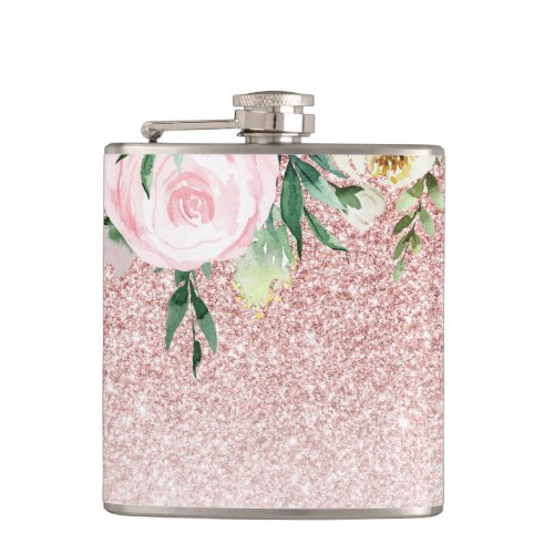 Modern Pink Glitter  Pastel Flowers Sparkle Gift Flask
