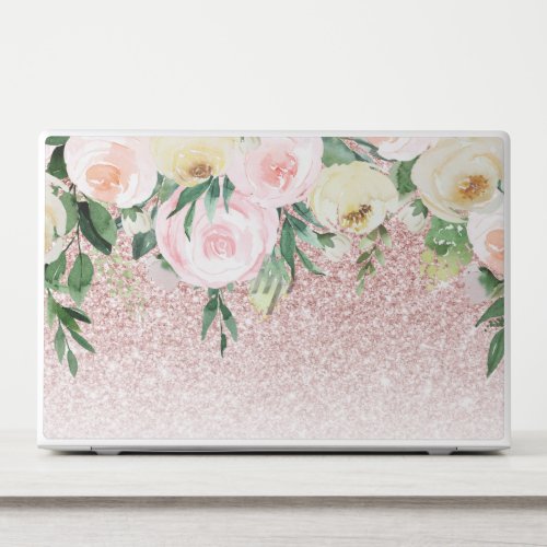 Modern Pink Glitter  Pastel Flowers Sparkle Gift HP Laptop Skin