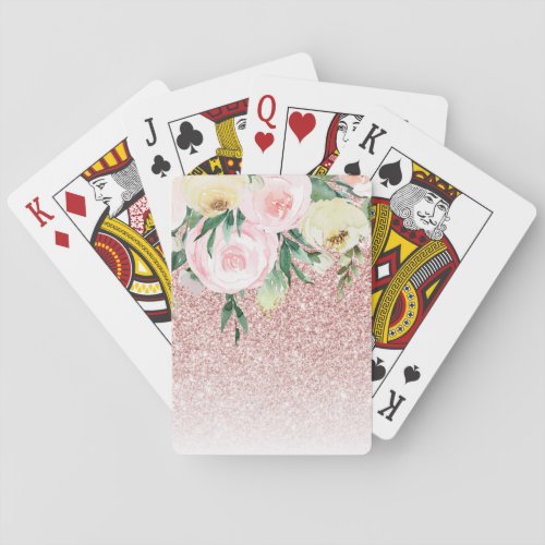 Modern Pink Glitter  Pastel Flowers Sparkle Gift Poker Cards