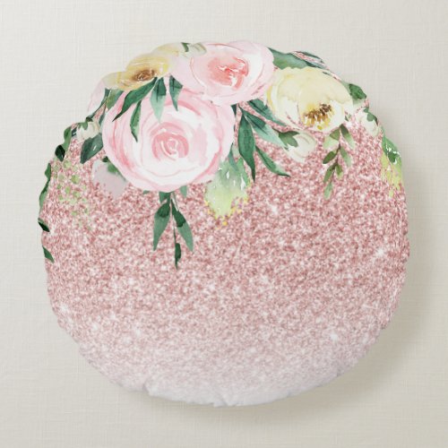 Modern Pink Glitter  Pastel Flowers Sparkle Gift Round Pillow