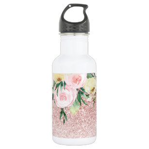 Modern Pink Glitter & Pastel Flowers Sparkle Gift Stainless Steel Water Bottle
