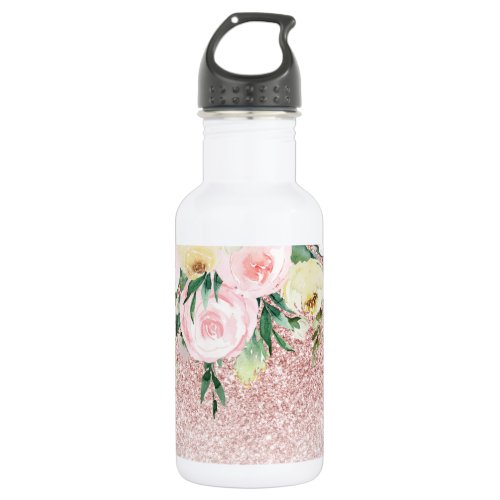 Modern Pink Glitter  Pastel Flowers Sparkle Gift Stainless Steel Water Bottle